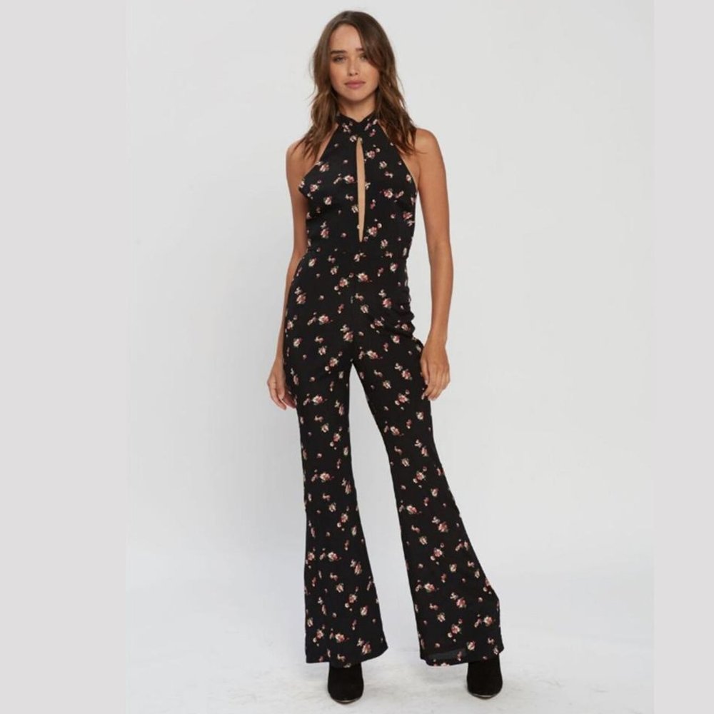 Flynn Skye Eliana Jumper Floral Black Halter Keyhole Jumpsuit in XS